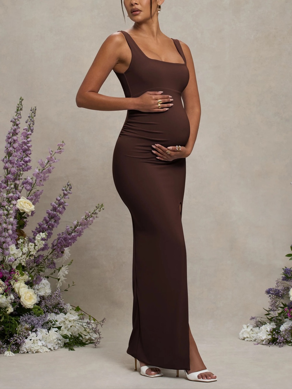 Club L London Avril Brown Square Neck Maternity Maxi Dress Size 8